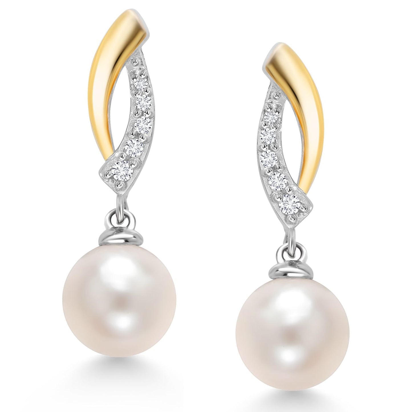 925 Sterling Silver and 10K Yellow Gold 7MM Round Cultured Freshwater Pearl and Lab Grown Diamond Dangle Earrings For Women