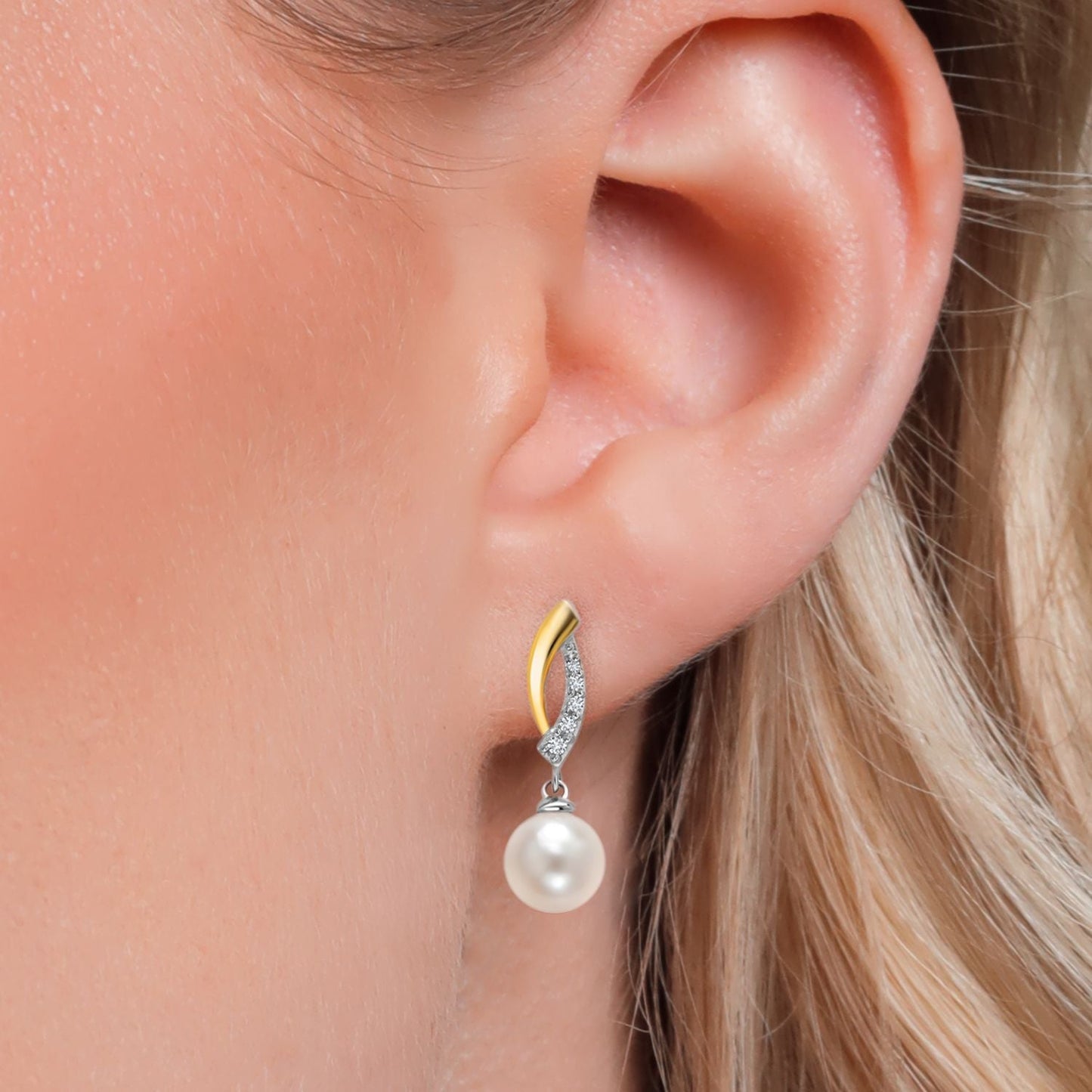 925 Sterling Silver and 10K Yellow Gold 7MM Round Cultured Freshwater Pearl and Lab Grown Diamond Dangle Earrings For Women