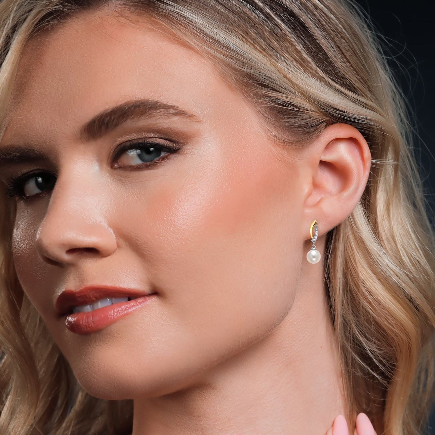 925 Sterling Silver and 10K Yellow Gold 7MM Round Cultured Freshwater Pearl and Lab Grown Diamond Dangle Earrings For Women