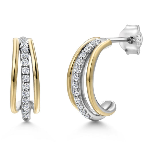 925 Silver and 10K Yellow Gold White Lab Grown Diamond Split Hoop Huggie Earrings For Women | 0.26 Cttw | Gemstone April Birthstone | 16MM = 5/8 Inch
