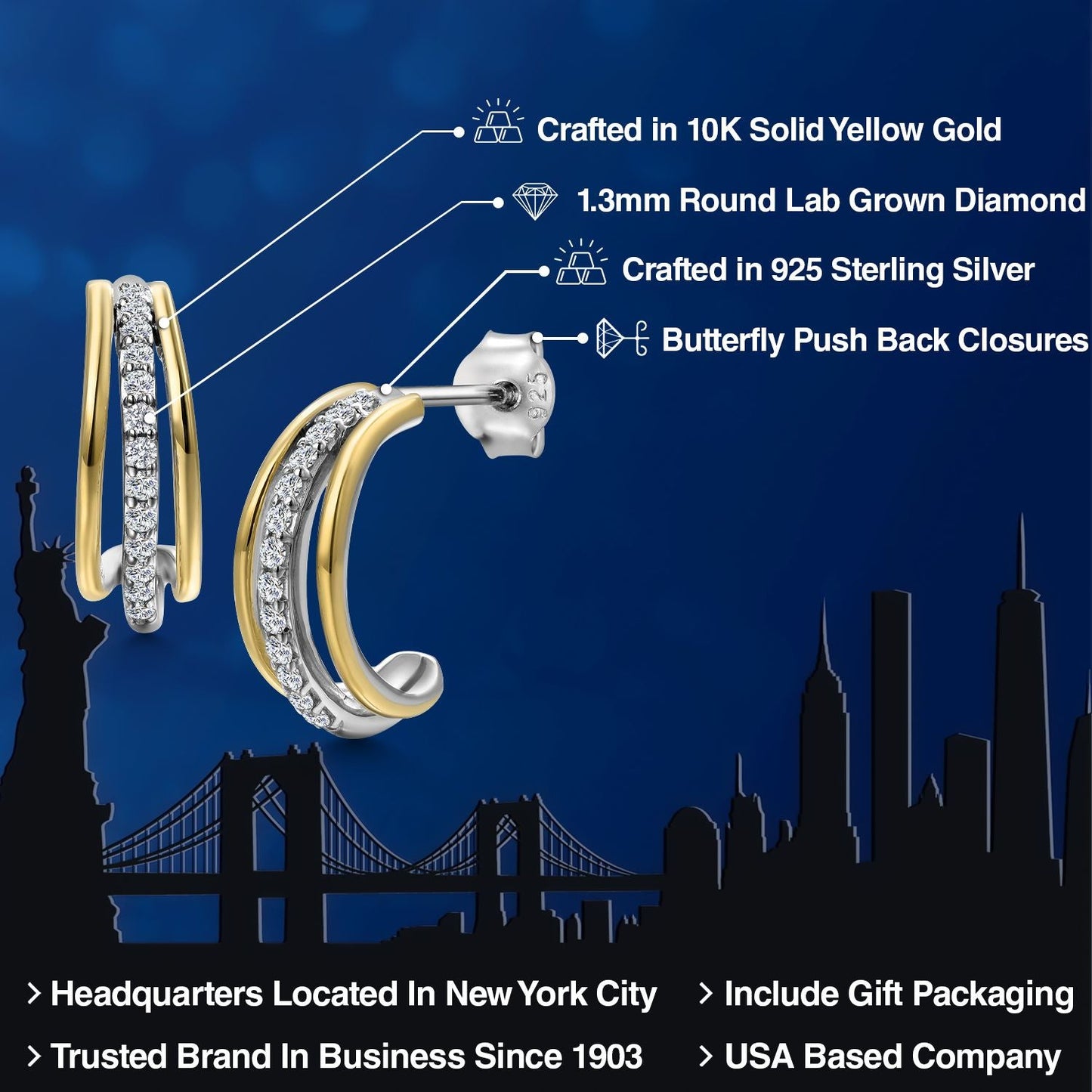925 Silver and 10K Yellow Gold White Lab Grown Diamond Split Hoop Huggie Earrings For Women | 0.26 Cttw | Gemstone April Birthstone | 16MM = 5/8 Inch