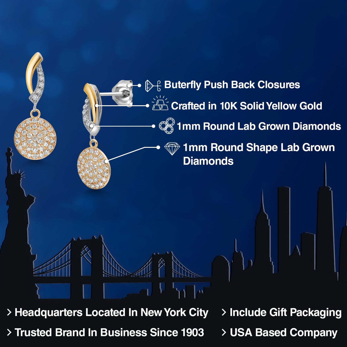 925 Silver and 10K Yellow Gold Lab Grown Diamond Drop Dangle Earrings For Women | 0.22 Cttw | Gemstone Birthstone | 20x10MM Lab Grown Diamond Earrings