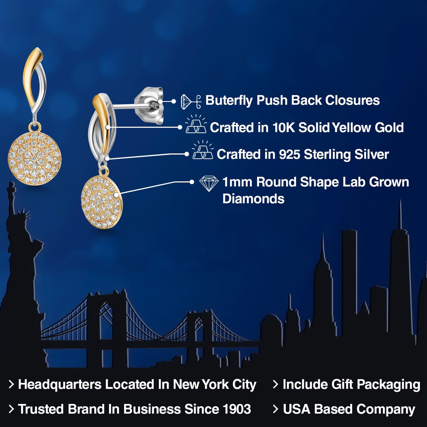 925 Silver and 10K Yellow Lab Grown Diamond Drop Dangle Earrings For Women | 0.19 Cttw | Gemstone Birthstone | 20x10MM Lab Grown Diamond Earrings