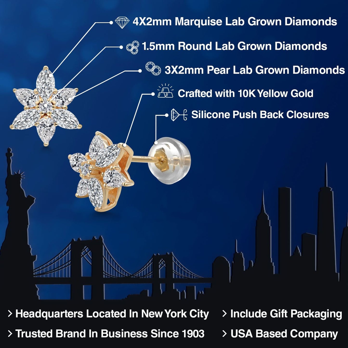 10K Yellow Gold Lab Grown Diamond Star Earrings | 0.78 Cttw | Gold Earrings | Flower Earrings | DEF Color | VVS-VS Clarity | Marquise 4X2MM | Pear Shape 3X2MM | Round 1.5MM