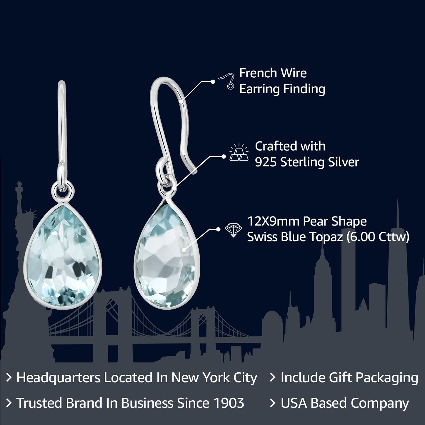 6.00 Cttw Swiss Blue Topaz Earrings In 925 Sterling Silver | Pear Shaped 12X9MM | Gemstone Birthstone | Drop Dangle Teardrop Earrings For Women