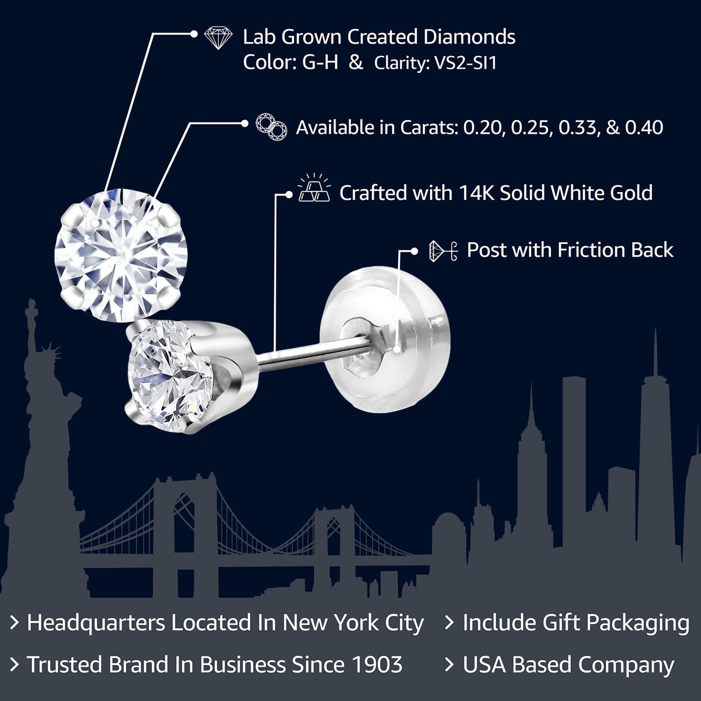 0.20 to 6 Cttw 14K Gold Lab Grown Diamond Stud Earrings | Gold Earrings For Women Men | E-F Color | VS1-VS2 Clarity