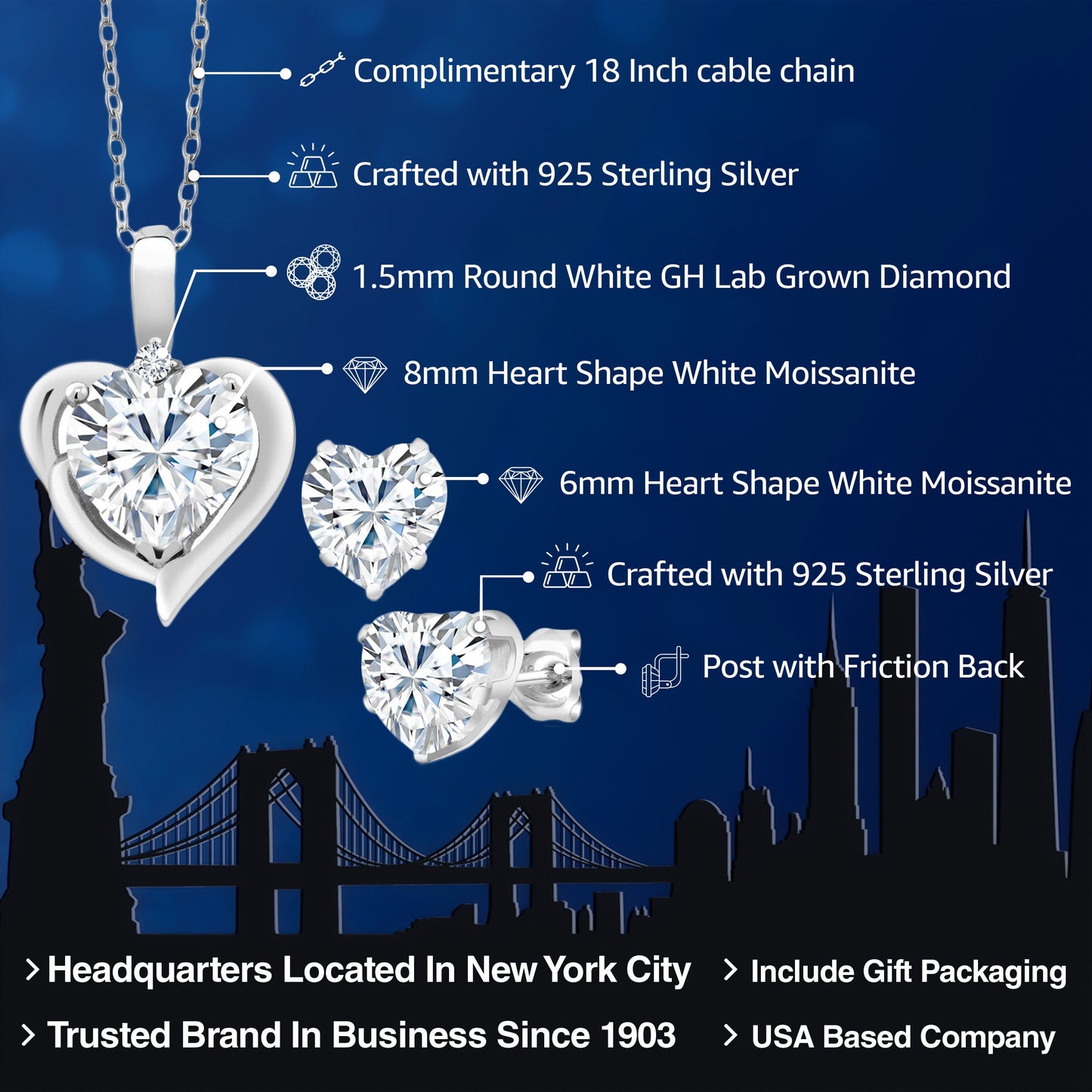 925 Sterling Silver White Moissanite and White Lab Grown Diamond Pendant Necklace Earrings Set For Women (3.42 Cttw, Heart Shape 8MM and 6MM, with 18 Inch Chain)