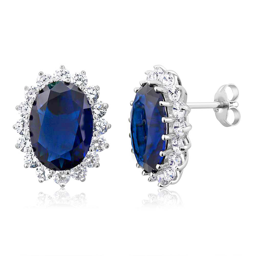 15.00 Cttw Blue Simulated Sapphire or Green Simulated Emerald or Red Created Ruby Halo Earrings For Women In 925 Sterling Silver | Oval 14X10MM