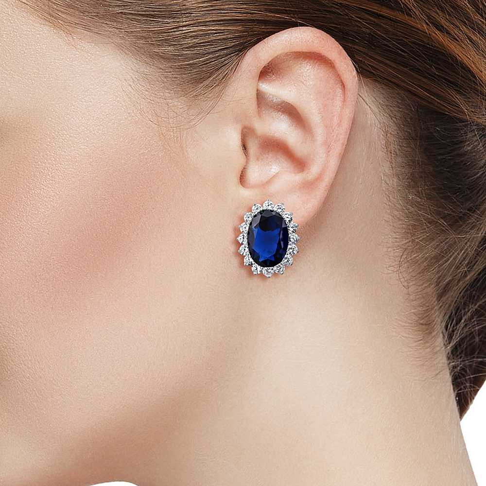 15.00 Cttw Blue Simulated Sapphire or Green Simulated Emerald or Red Created Ruby Halo Earrings For Women In 925 Sterling Silver | Oval 14X10MM