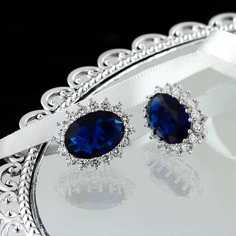 15.00 Cttw Blue Simulated Sapphire or Green Simulated Emerald or Red Created Ruby Halo Earrings For Women In 925 Sterling Silver | Oval 14X10MM