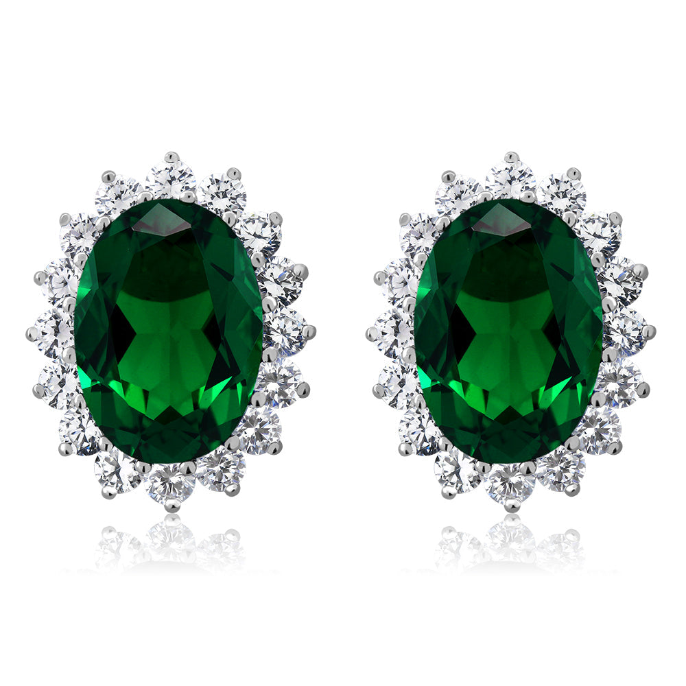 15.00 Cttw Blue Simulated Sapphire or Green Simulated Emerald or Red Created Ruby Halo Earrings For Women In 925 Sterling Silver | Oval 14X10MM