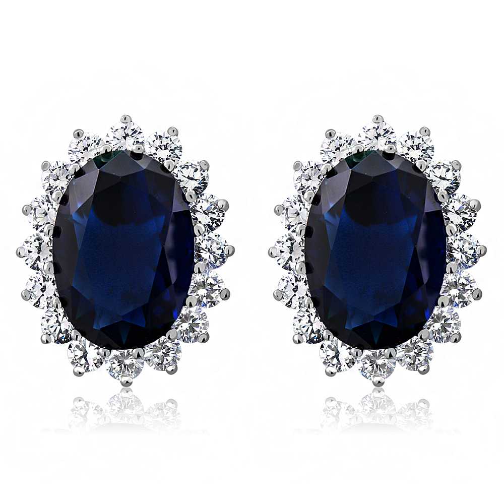 15.00 Cttw Blue Simulated Sapphire or Green Simulated Emerald or Red Created Ruby Halo Earrings For Women In 925 Sterling Silver | Oval 14X10MM