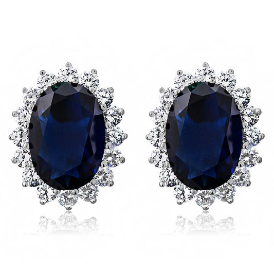 15.00 Cttw Blue Simulated Sapphire or Green Simulated Emerald or Red Created Ruby Halo Earrings For Women In 925 Sterling Silver | Oval 14X10MM