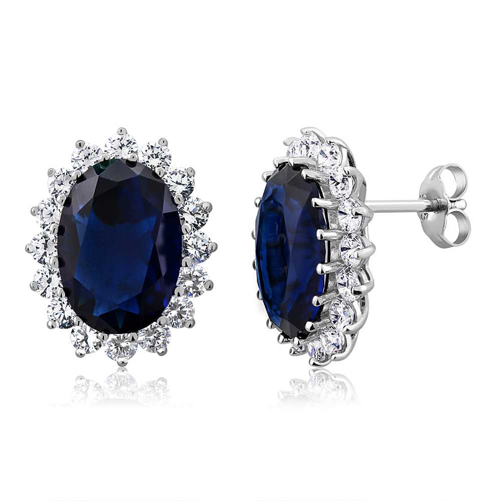 15.00 Cttw Blue Simulated Sapphire or Green Simulated Emerald or Red Created Ruby Halo Earrings For Women In 925 Sterling Silver | Oval 14X10MM