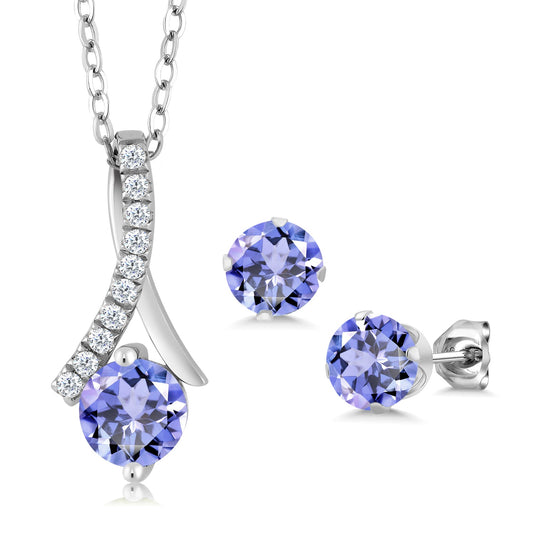 925 Sterling Silver Blue Tanzanite Pendant and Earrings Jewelry Set For Women (1.97 Cttw, Gemstone Birthstone, Round 6MM, with 18 Inch Silver Chain)