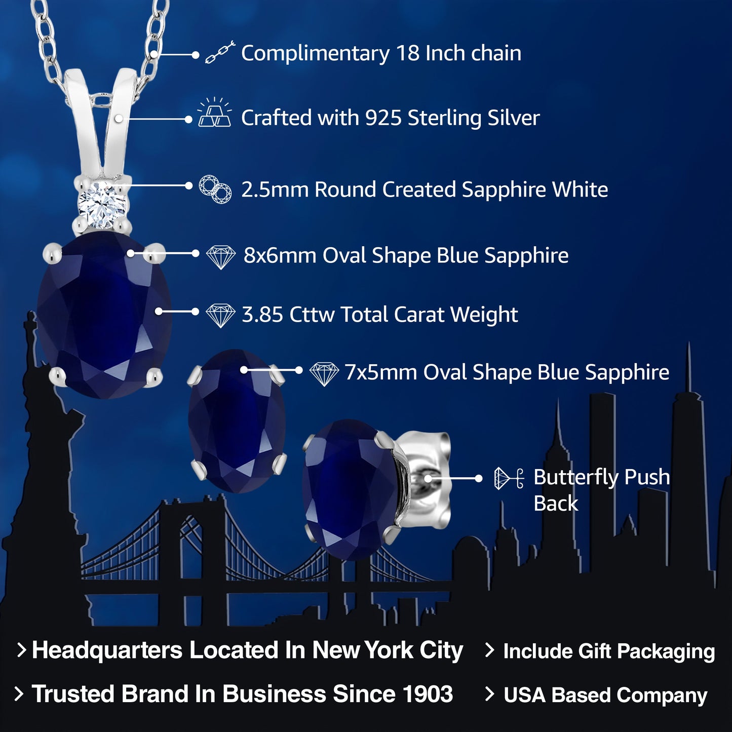 925 Sterling Silver Oval Blue Sapphire Pendant and Earrings Jewelry Set For Women (3.85 Cttw, Gemstone Birthstone, with 18 Inch Silver Chain)