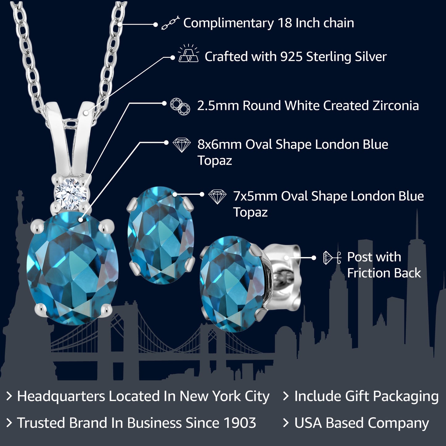 925 Sterling Silver London Blue Topaz Pendant and Earrings Jewelry Set For Women  | 3.15 Cttw | Gemstone Birthstone | With 18 Inch Silver Chain