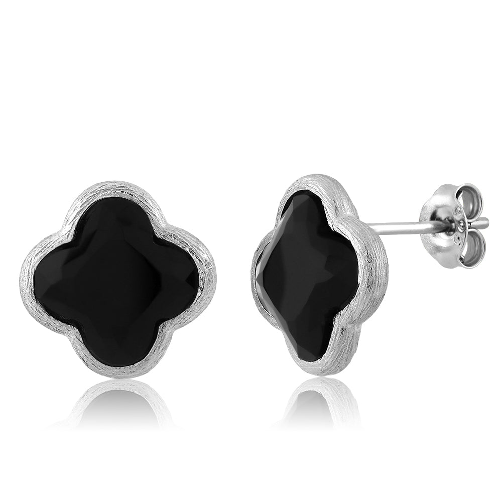 18K Gold Plated Sterling Silver Flower Shape Clover Designs Black Onyx Diamond Cut Stud Earrings For Women