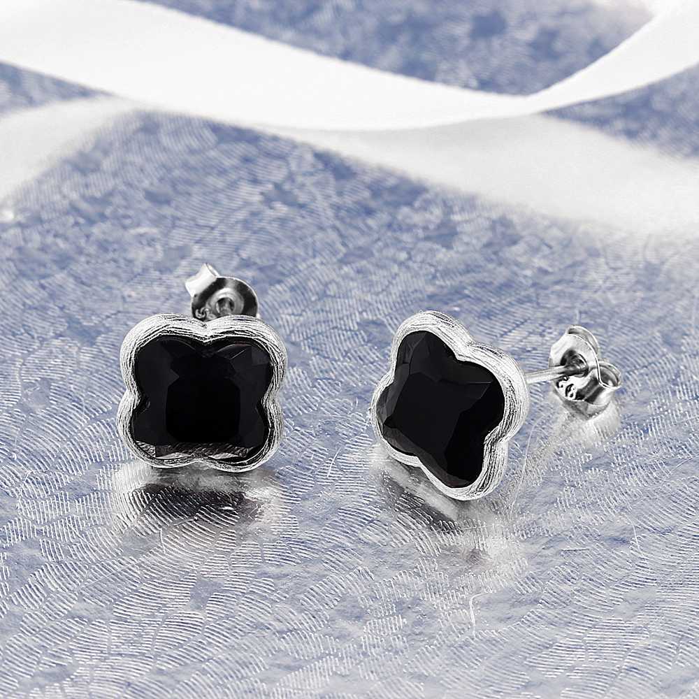 18K Gold Plated Sterling Silver Flower Shape Clover Designs Black Onyx Diamond Cut Stud Earrings For Women