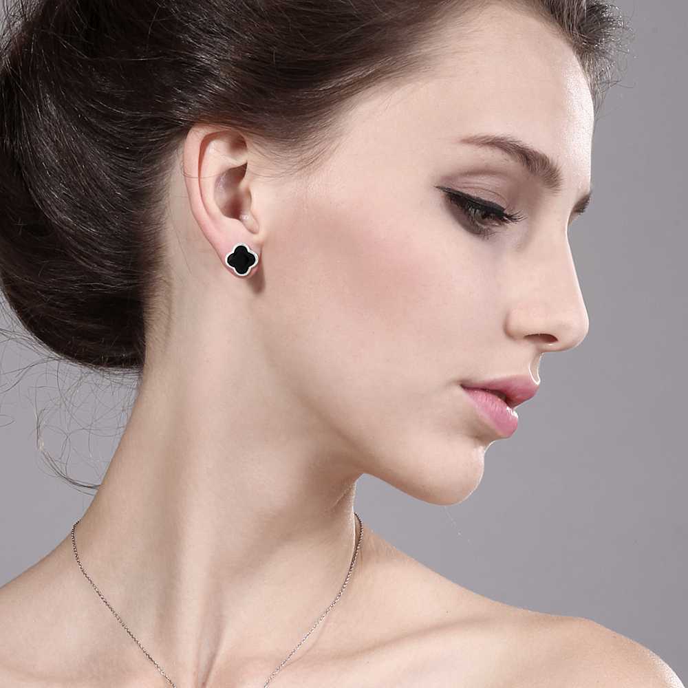 18K Gold Plated Sterling Silver Flower Shape Clover Designs Black Onyx Diamond Cut Stud Earrings For Women