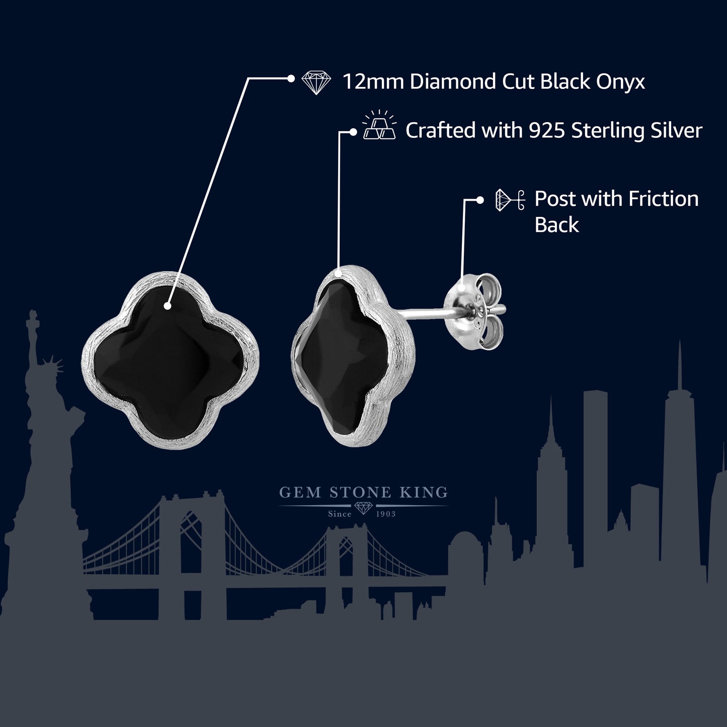18K Gold Plated Sterling Silver Flower Shape Clover Designs Black Onyx Diamond Cut Stud Earrings For Women