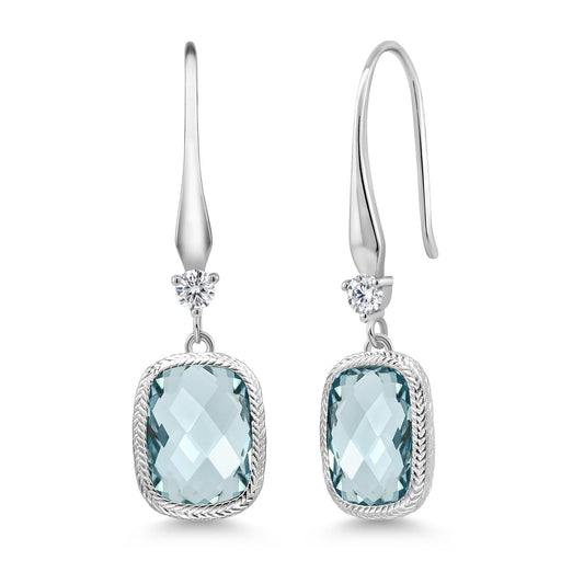 925 Sterling Silver Simulated Aquamarine Earrings | 4.60 Cttw | 13X9MM Cushion Checkerboard Cut | Drop Dangle Earrings for Women