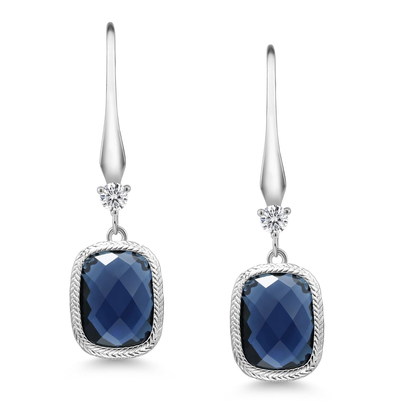 925 Sterling Silver Simulated Sapphire Dangle Drop Earrings For Women (4.60 Cttw, Cushion Checkerboard Cut, 14X10MM)