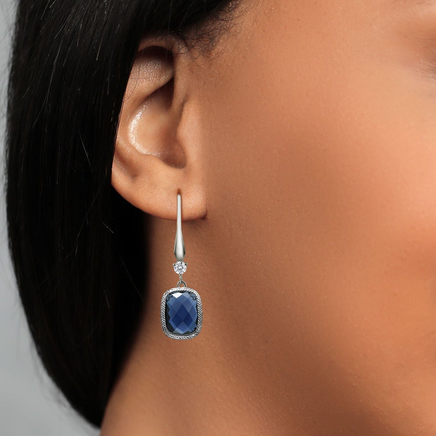 925 Sterling Silver Simulated Sapphire Dangle Drop Earrings For Women (4.60 Cttw, Cushion Checkerboard Cut, 14X10MM)