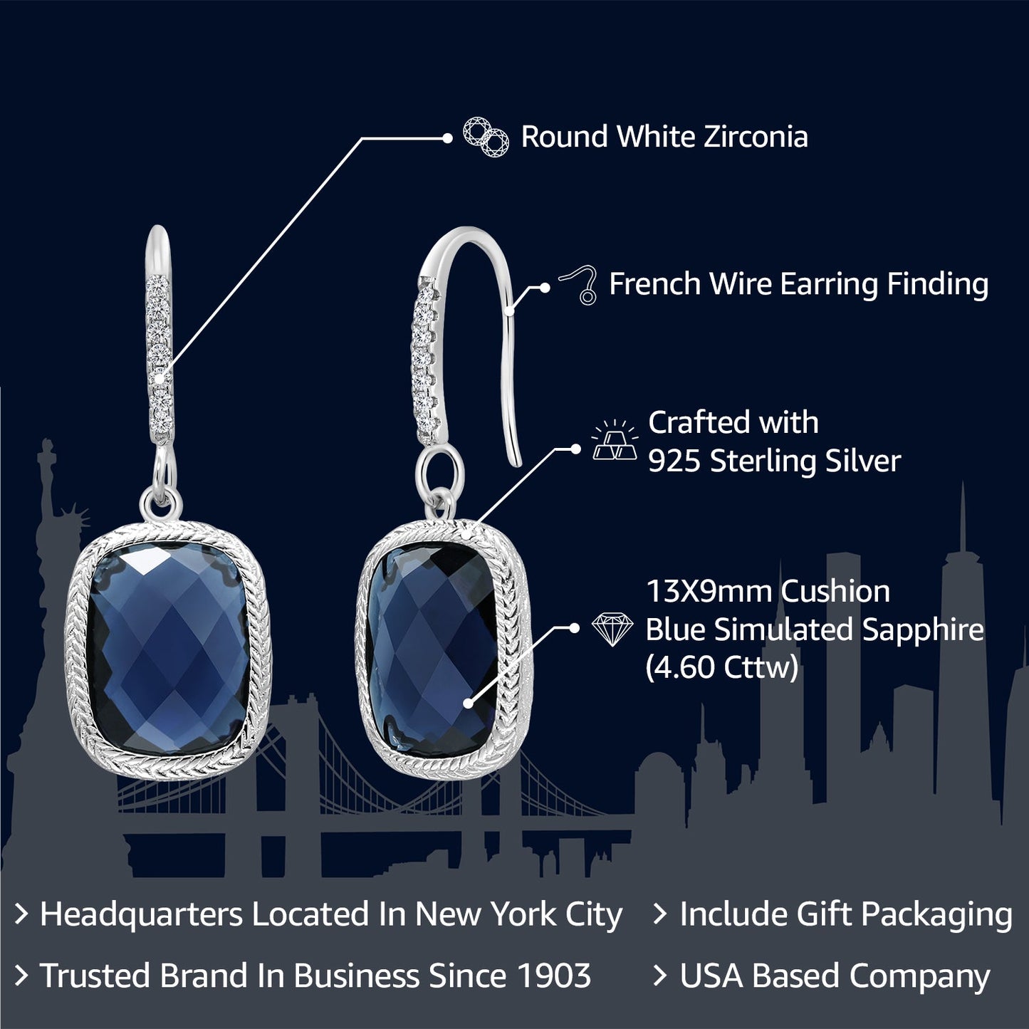 Blue Simulated Sapphire Drop Dangle French Wire Earrings For Women | 925 Sterling Silver | 13X9MM Cushion Checkerboard Cut | 4.60 Cttw