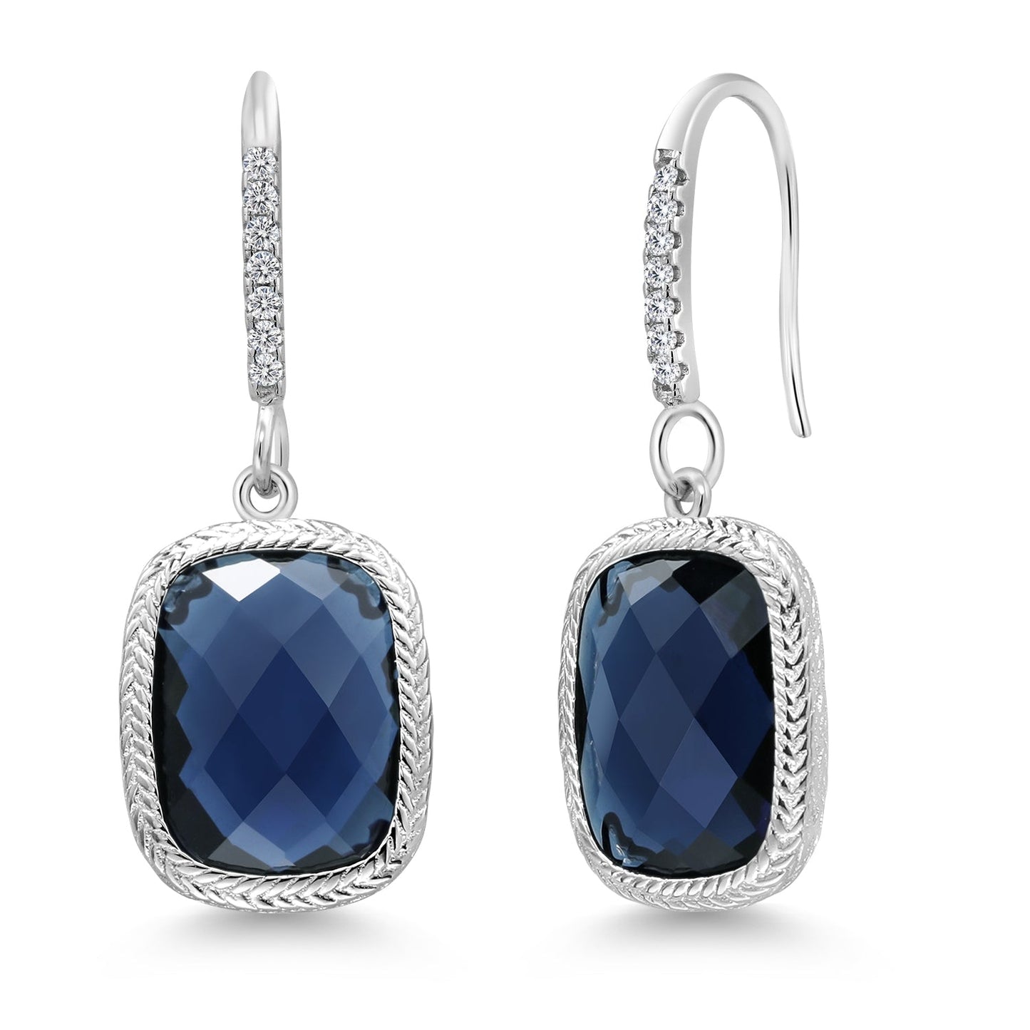 Blue Simulated Sapphire Drop Dangle French Wire Earrings For Women | 925 Sterling Silver | 13X9MM Cushion Checkerboard Cut | 4.60 Cttw