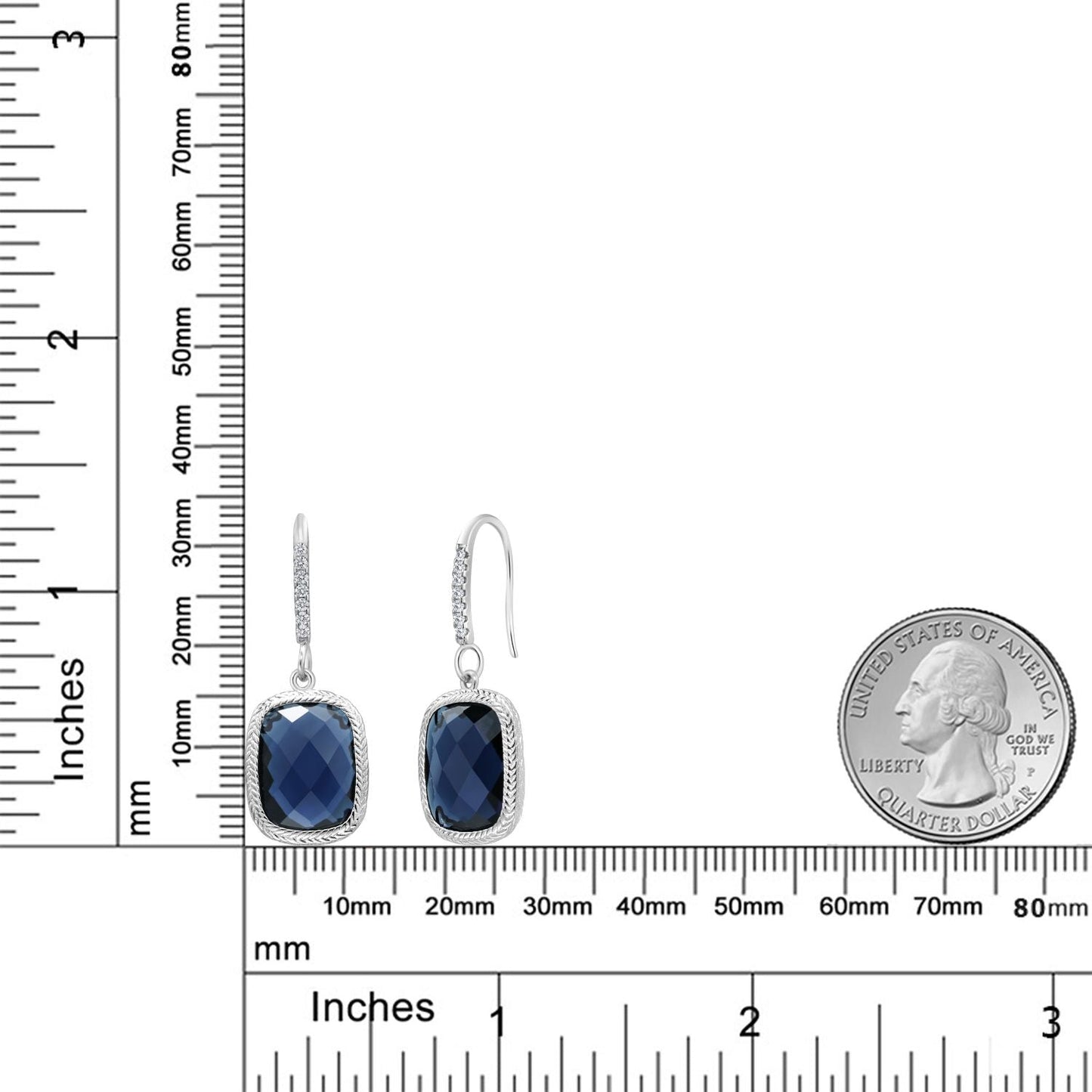 Blue Simulated Sapphire Drop Dangle French Wire Earrings For Women | 925 Sterling Silver | 13X9MM Cushion Checkerboard Cut | 4.60 Cttw