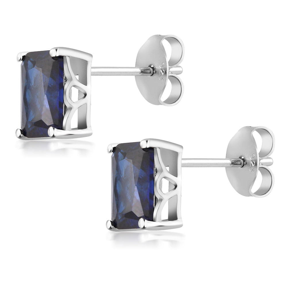 925 Sterling Silver Simulated Blue Sapphire Bridal Stud Earrings For Women Men (2.00 Cttw, 7X5MM Emerald Cut)