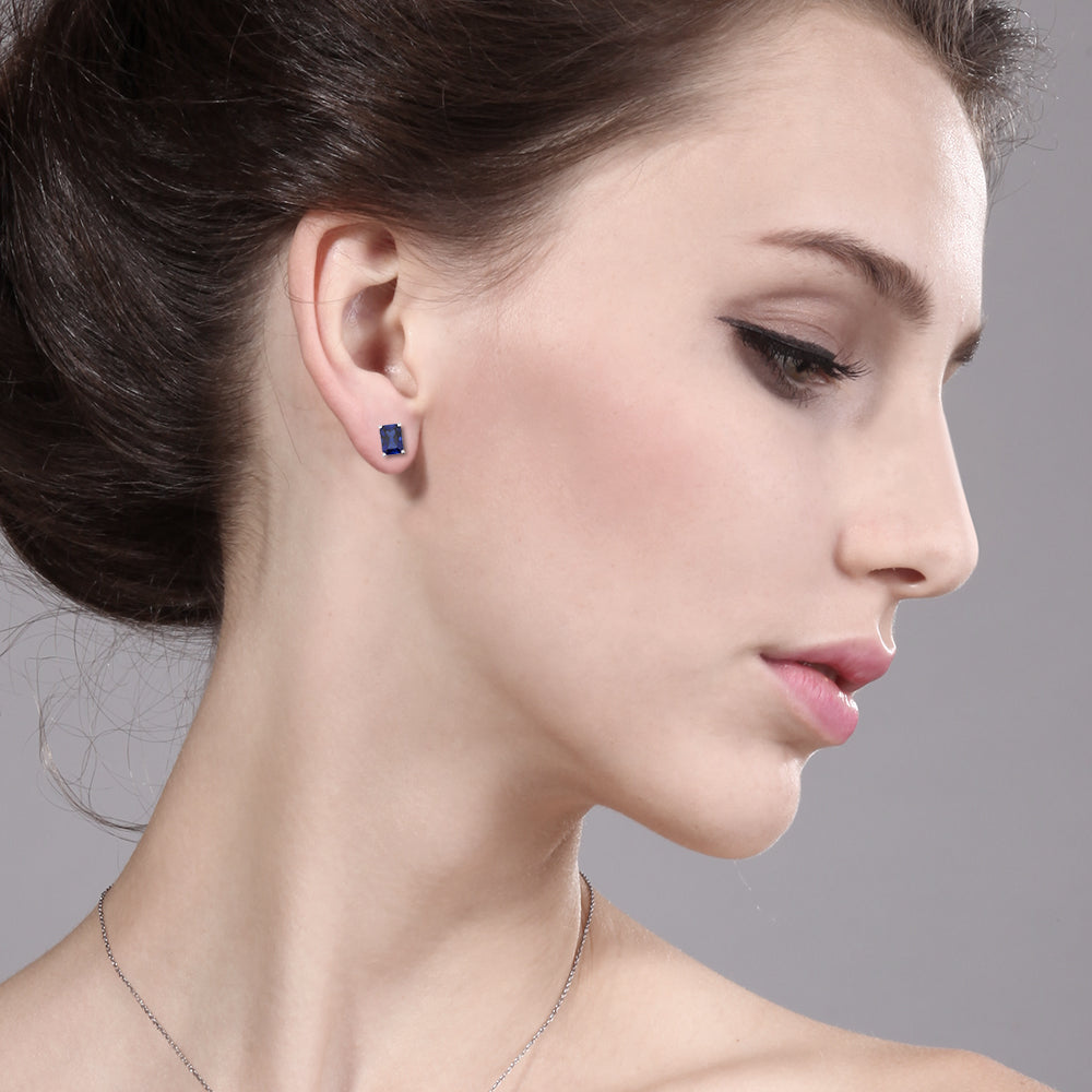 925 Sterling Silver Simulated Blue Sapphire Bridal Stud Earrings For Women Men (2.00 Cttw, 7X5MM Emerald Cut)