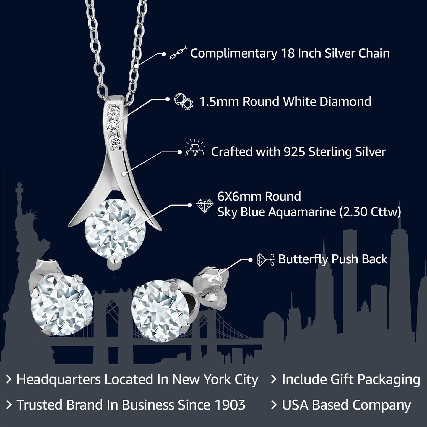 925 Sterling Silver Sky Blue Aquamarine and White Diamond Pendant Earrings Jewelry Set Gift Set For Women (2.30 Cttw, Round Cut with 18 Inch Silver Chain)