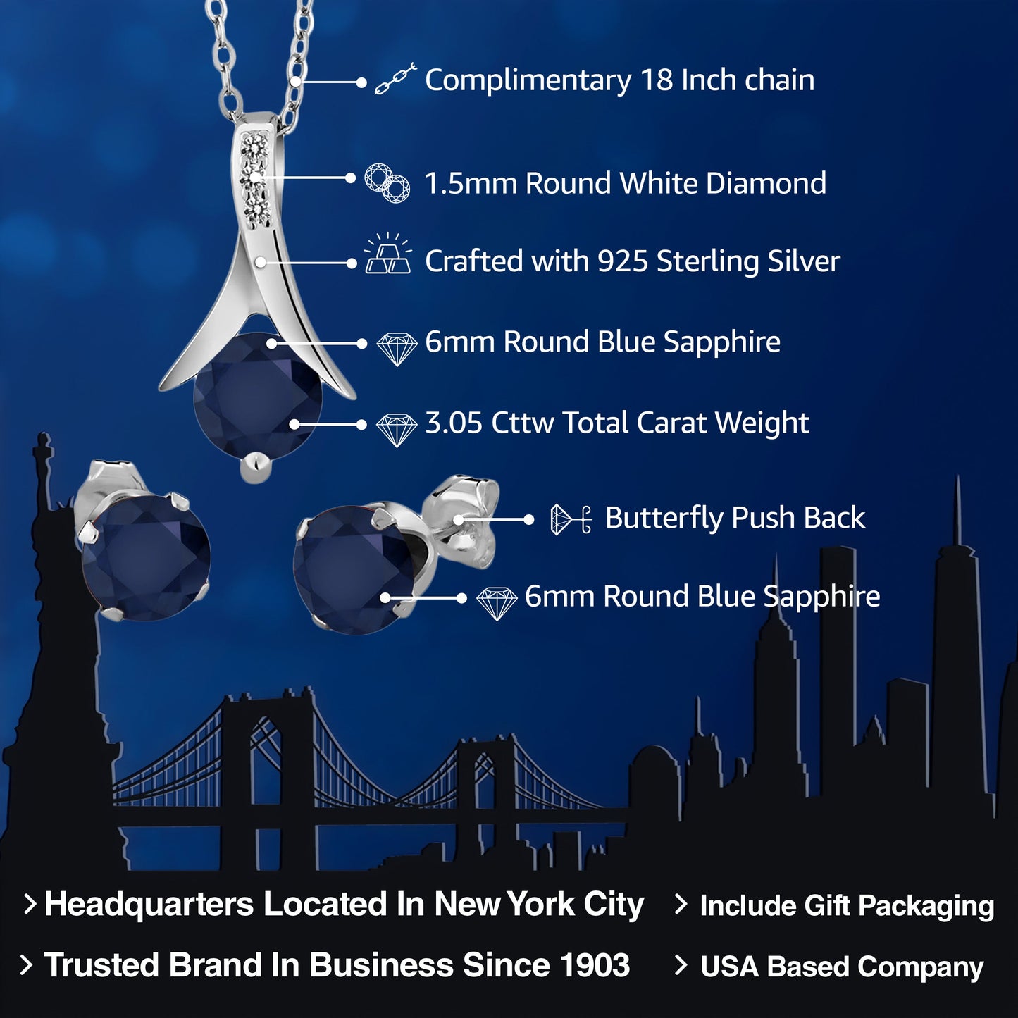 925 Sterling Silver Blue Sapphire and White Diamond Pendant and Earrings Jewelry Set For Women (3.05 Cttw, with 18 Inch Silver Chain)