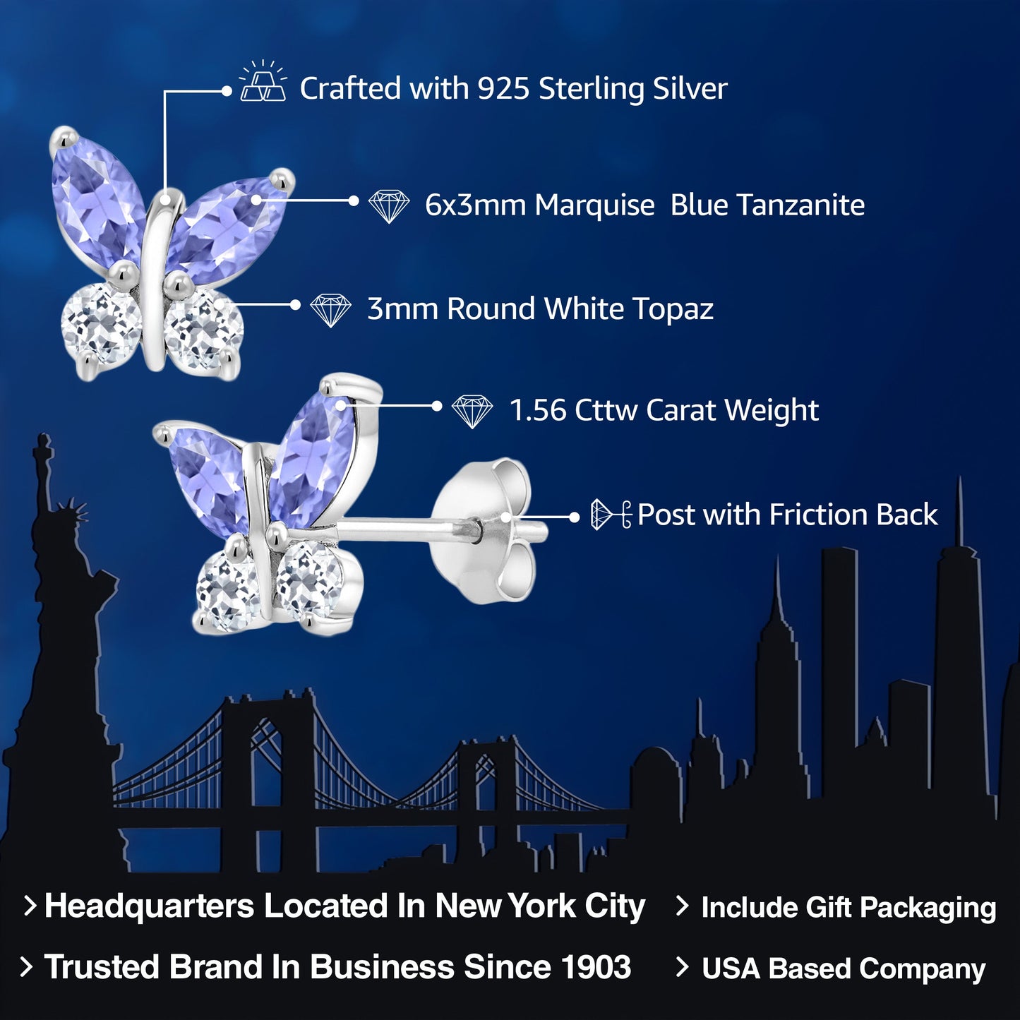 925 Silver Marquise Blue Tanzanite and White Topaz Butterfly Earrings For Women (1.56 Cttw, Gemstone December Birthstone, Center Stone: 6X3MM, Small Stones: 3MM)