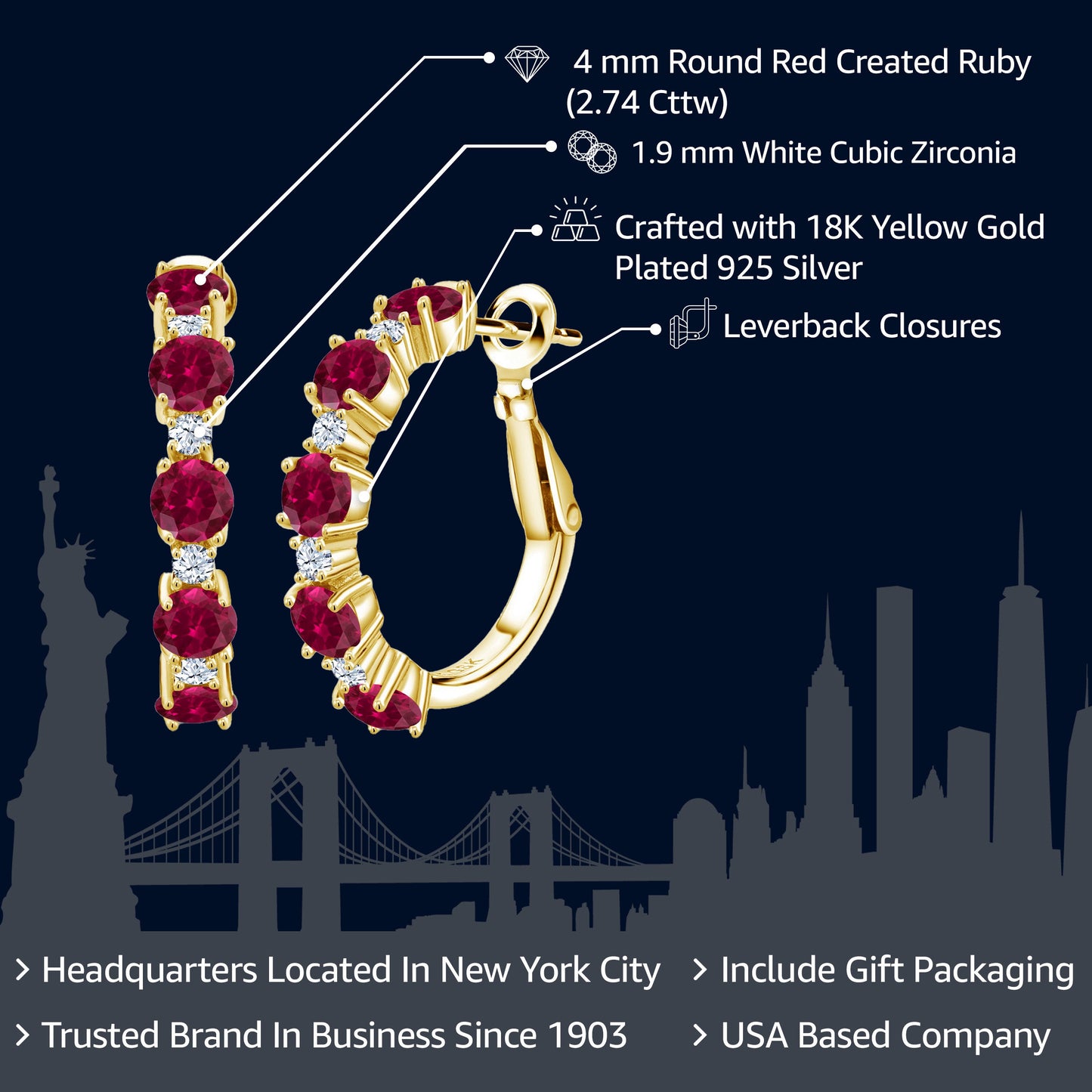 18K Yellow Gold Plated Silver Gemstone Birthstone and White Zirconia Hoop Earrings for Women | Round Cut 4MM and 1.9MM Stones | 1 Inch Diameter Hoops | Fine Jewelry for Her Mom Wife Women