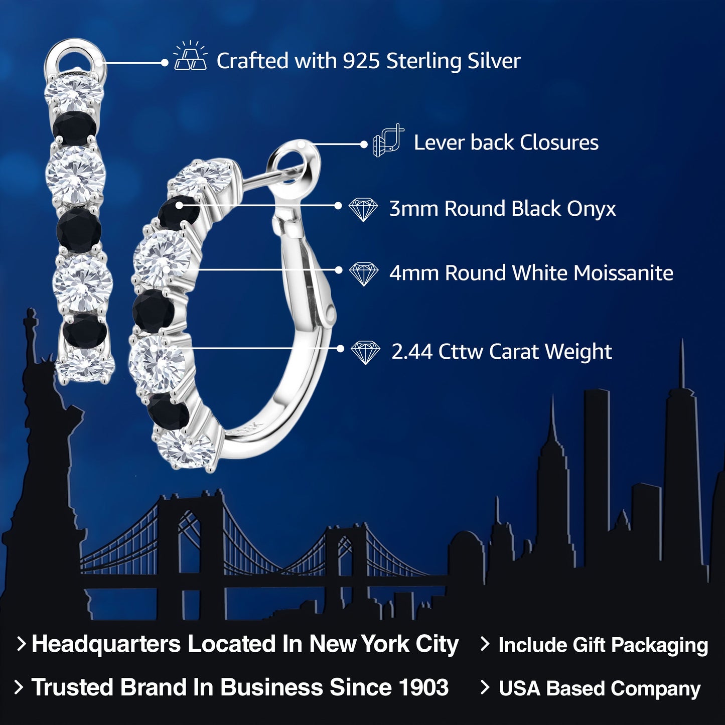 925 Sterling Silver White Moissanite and Black Onyx Hoop Earrings For Women (2.44 Cttw, Gemstone Birthstone, Round 4MM and 3MM)