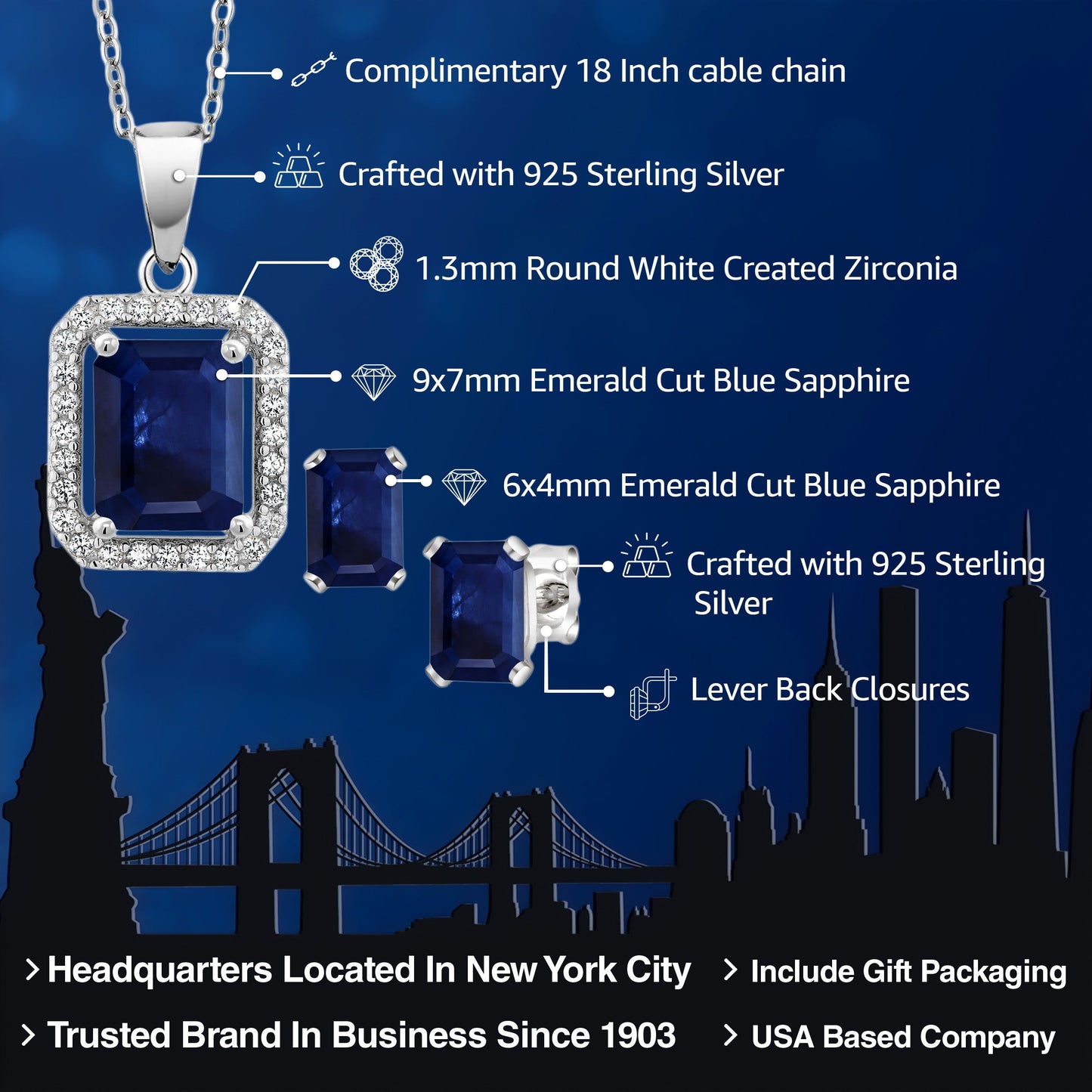 925 Sterling Silver Blue Sapphire Pendant and Earrings Jewelry Set For Women (4.04 Cttw, Emerald Cut 9X7MM and 6X4MM, Gemstone September Birthstone, with 18 Inch Chain)