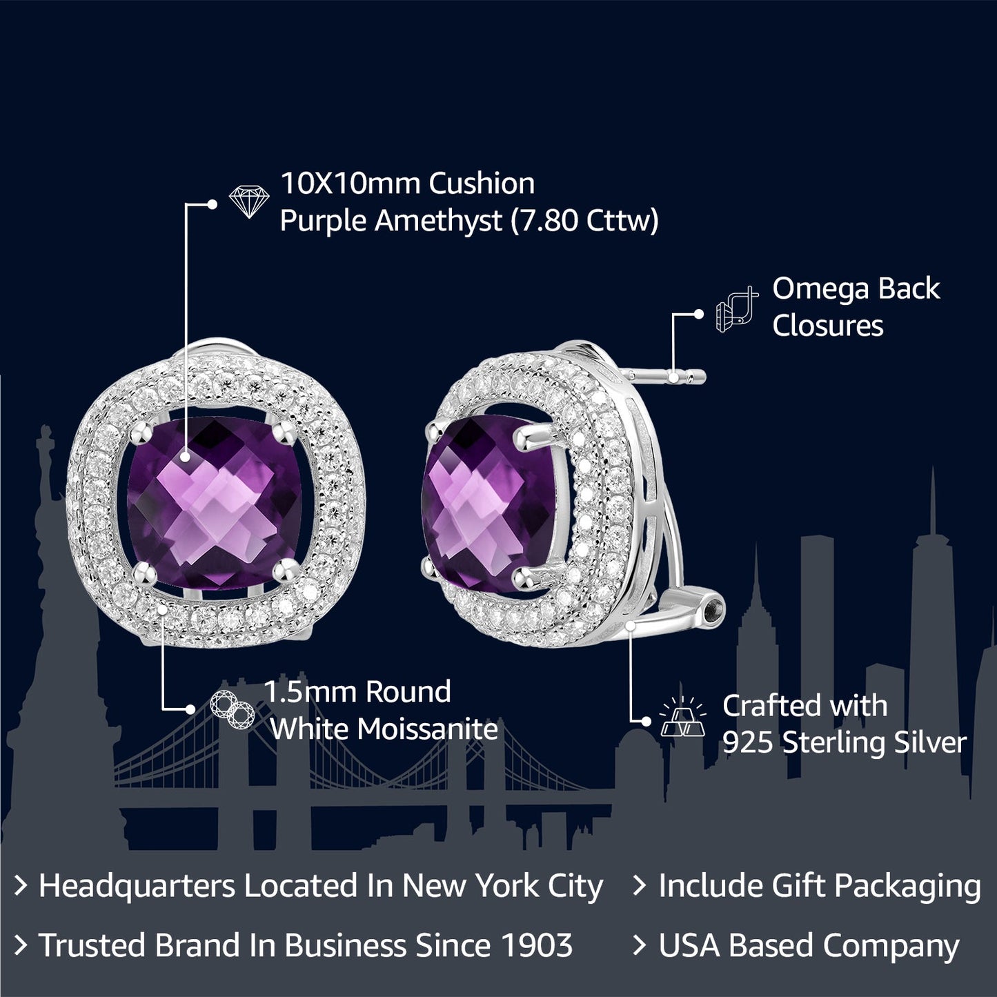 7.80 Cttw Cushion Amethyst and White Moissanite Post Clip Earrings For Women In 925 Sterling Silver | Gemstone Birthstone | Cushion 10MM