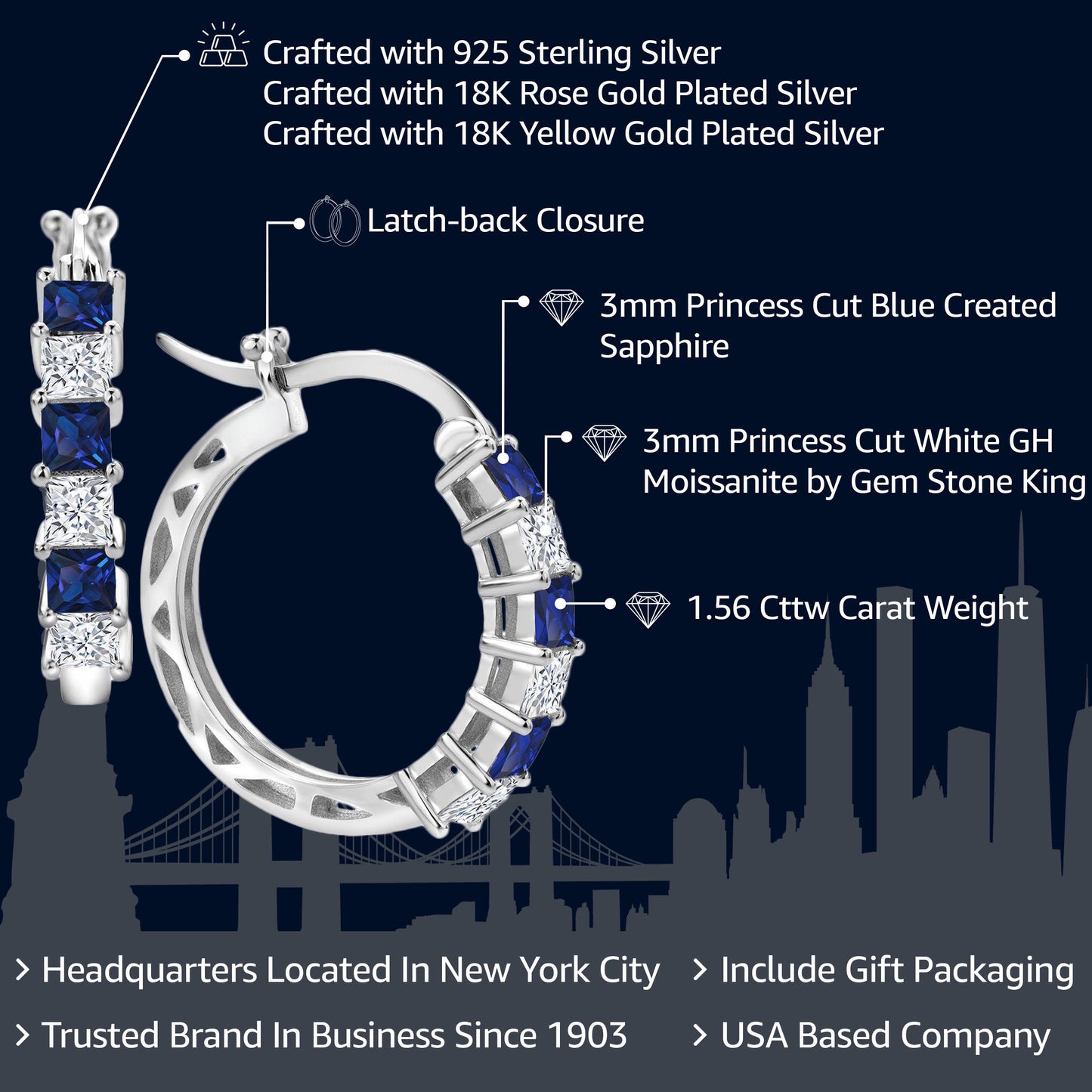 1.56 Cttw Blue Created Sapphire and White Moissanite Hoop Earrings for Women | 925 Sterling Silver | 3MM Princess Cut | 20MM | Fine Jewelry Gifts for Her Mom Women Wife