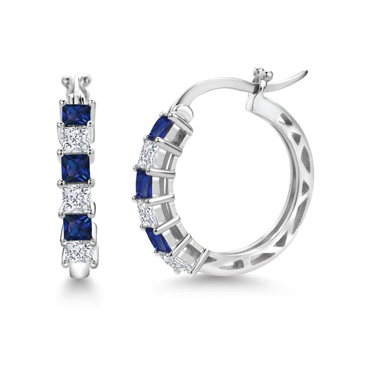 1.56 Cttw Blue Created Sapphire and White Moissanite Hoop Earrings for Women | 925 Sterling Silver | 3MM Princess Cut | 20MM | Fine Jewelry Gifts for Her Mom Women Wife