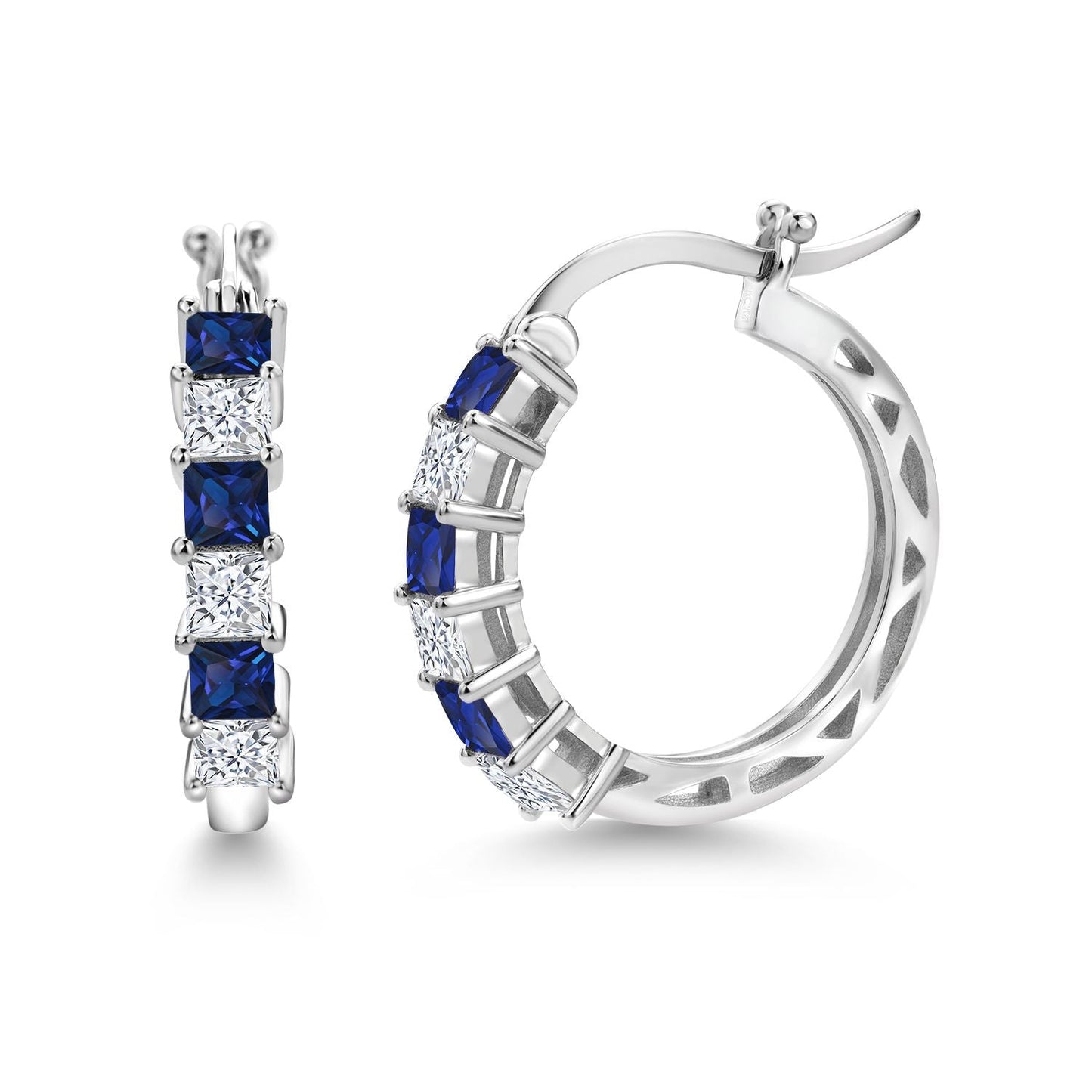 1.56 Cttw Blue Created Sapphire and White Moissanite Hoop Earrings for Women | 925 Sterling Silver | 3MM Princess Cut | 20MM | Fine Jewelry Gifts for Her Mom Women Wife