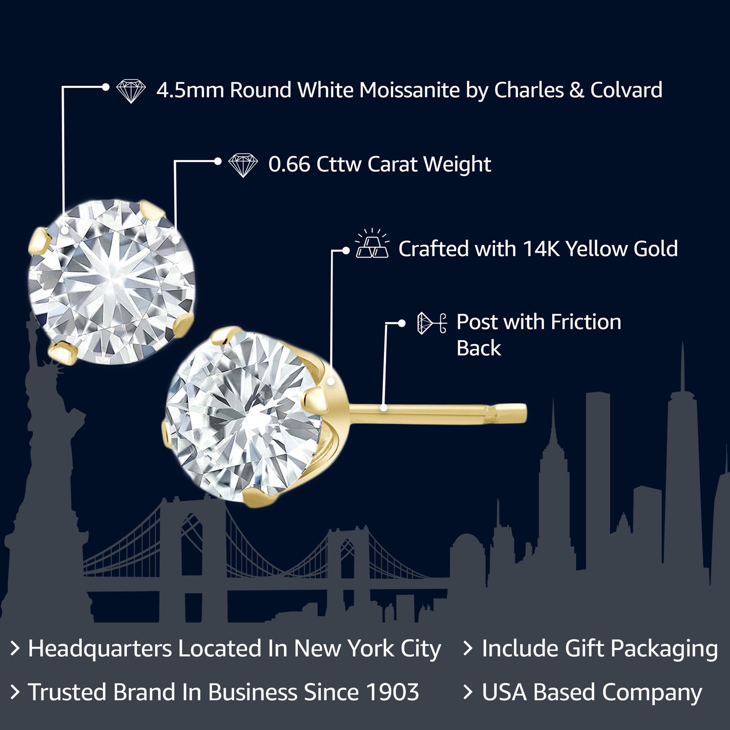 14K Yellow Gold White Moissanite Stud Earrings For Women Men | 0.66 Cttw | Round 4.5MM | Gold Earrings For Women Men