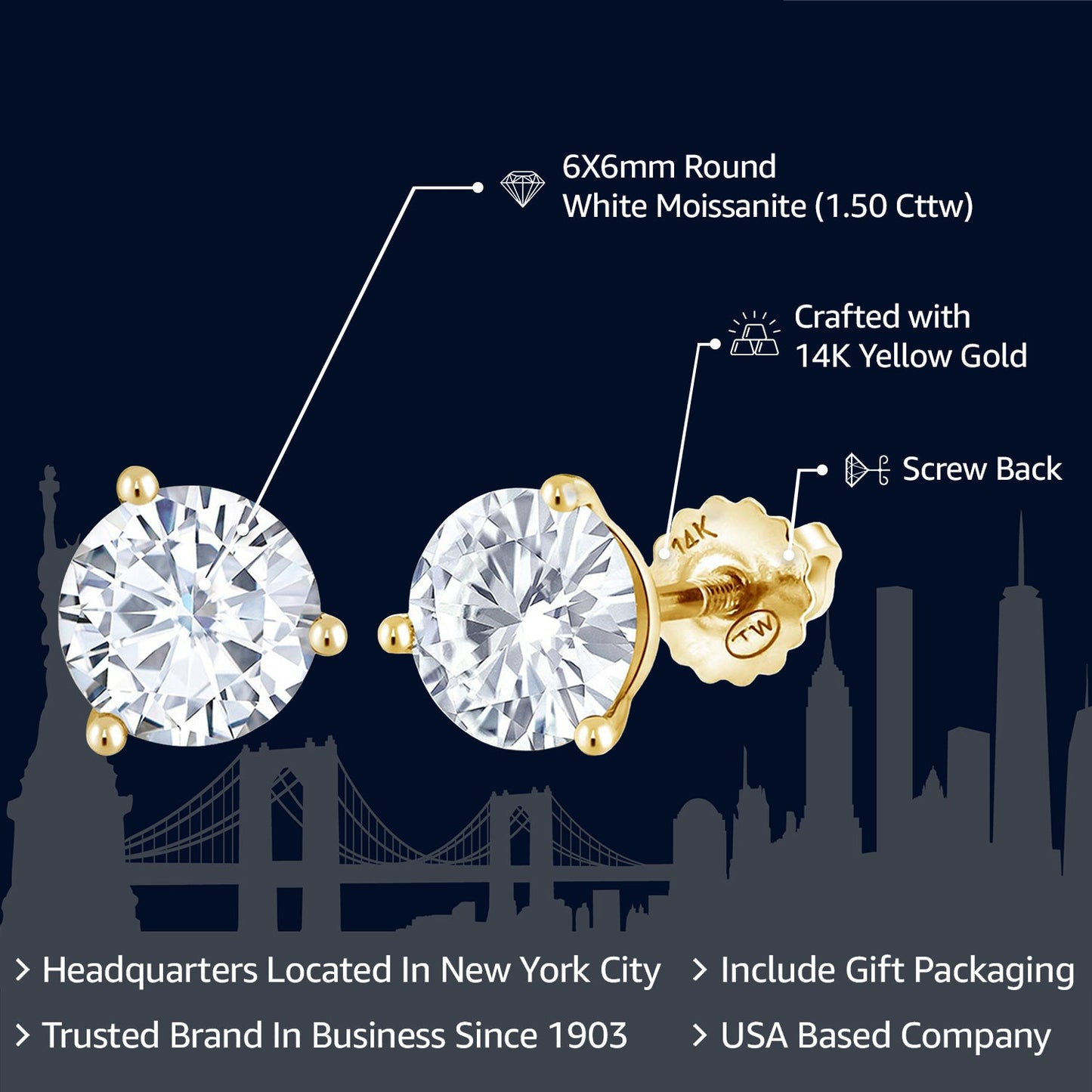 Solid 14K Gold Round Moissanite Martini 3 Prong Secure Screw-Backs Stud Earrings For Women Men | 1.50 Cttw | Round 6MM