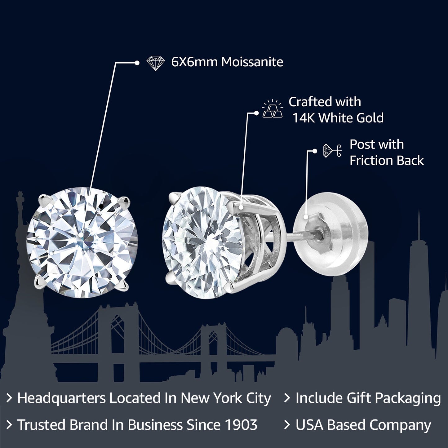 Solid 14K White Gold Forever Classic Moissanite Stud Earrings For Women Men | 1.60 Cttw | Round 6MM