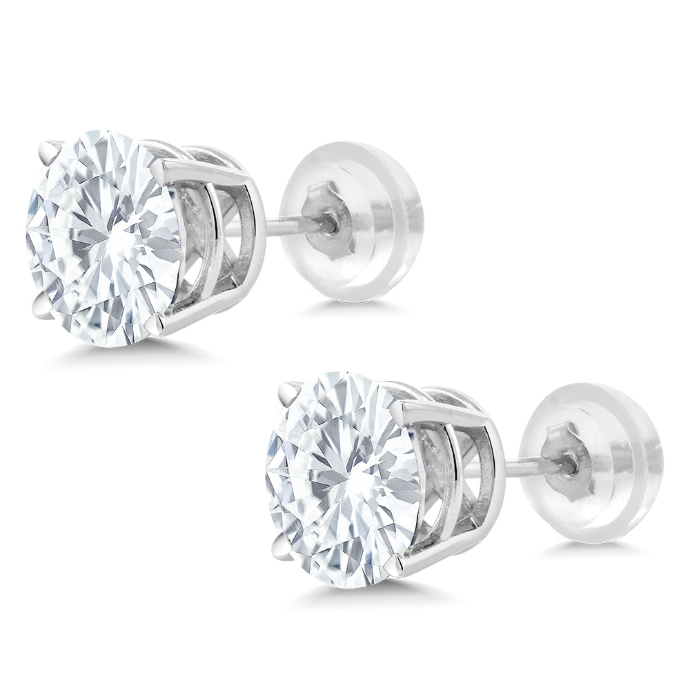 Solid 14K White Gold Forever Classic Moissanite Stud Earrings For Women Men | 1.60 Cttw | Round 6MM