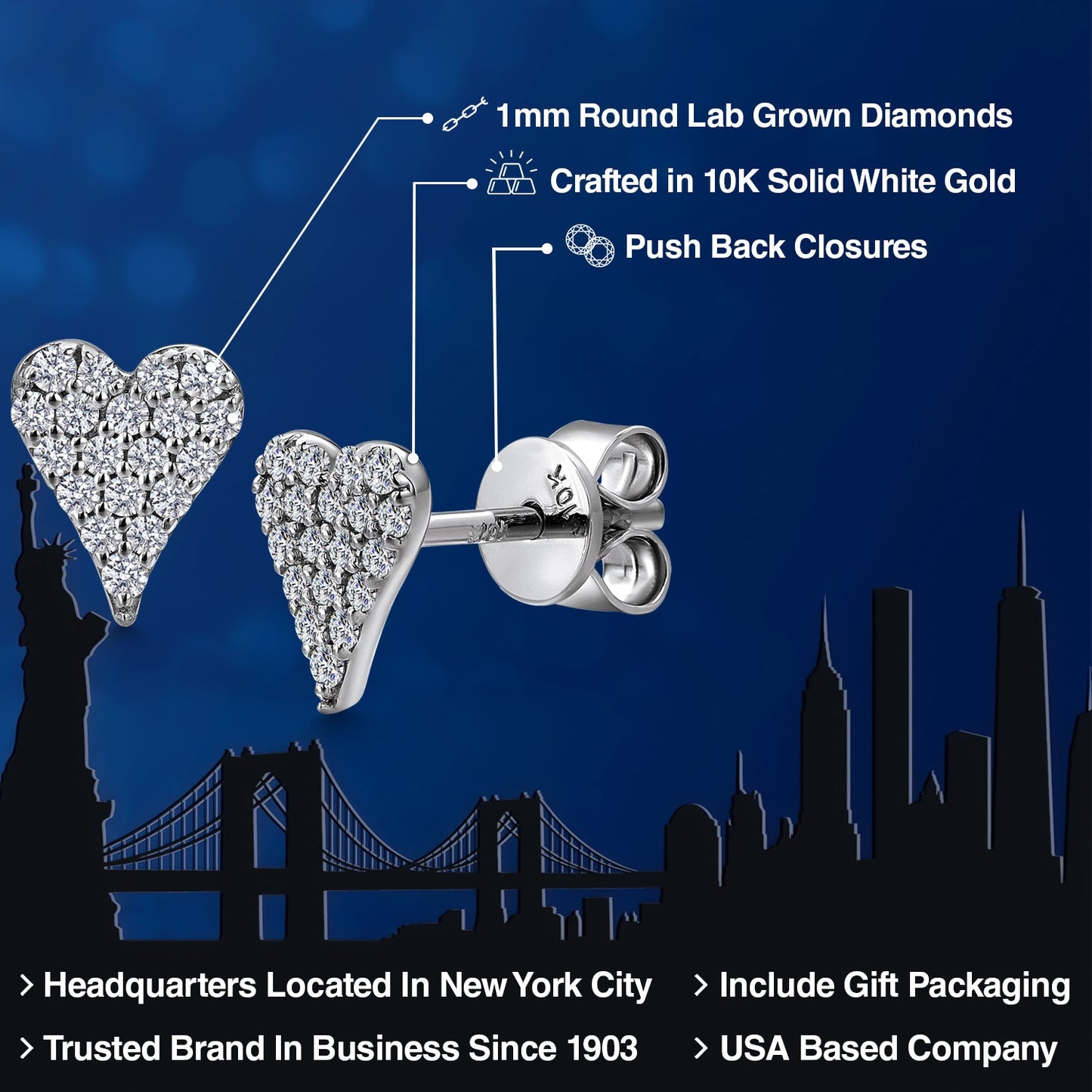 10K White Gold Lab Grown Diamond Heart Shape Stud Earrings | 0.20 Cttw | E-F Color | VVS-VS Clarity | Gold Earrings for Women
