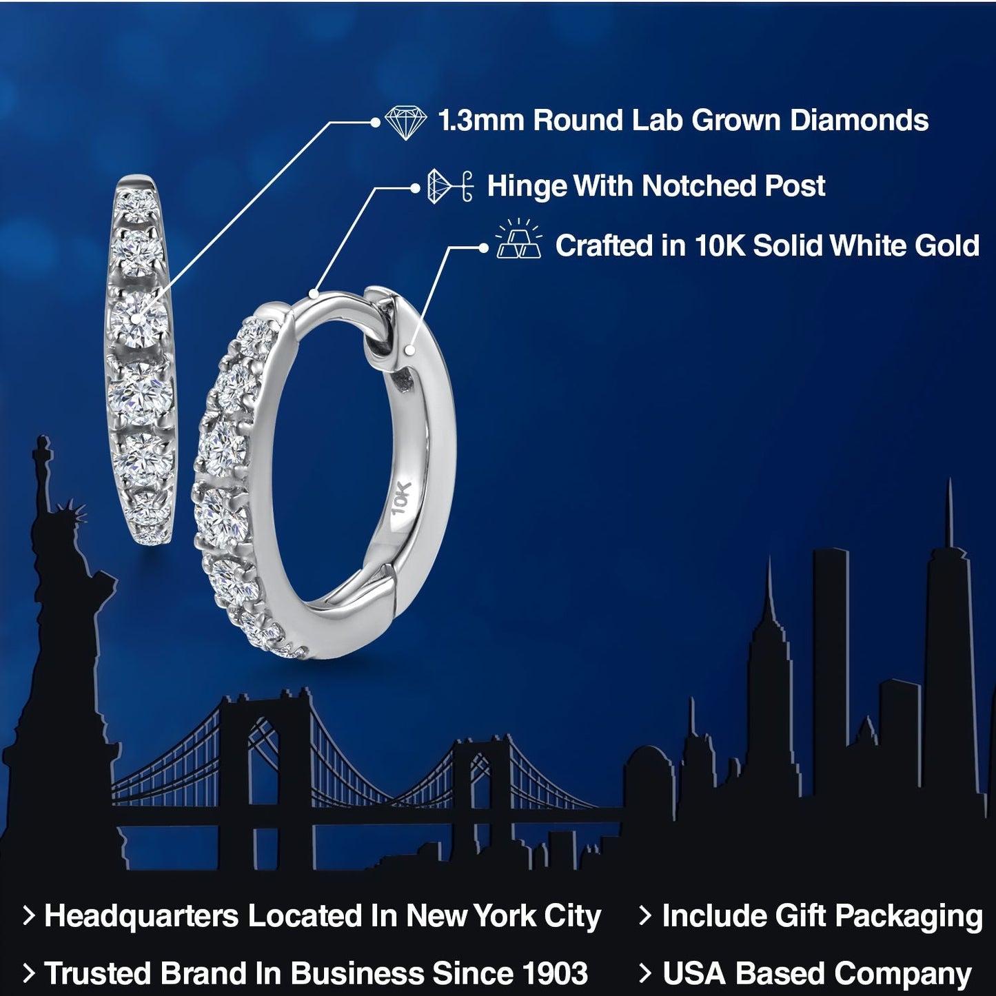 10K White Gold White Lab Grown Diamond Hoop Earrings for Women | 0.14 Cttw | Round G-H Color | 10MM Diameter