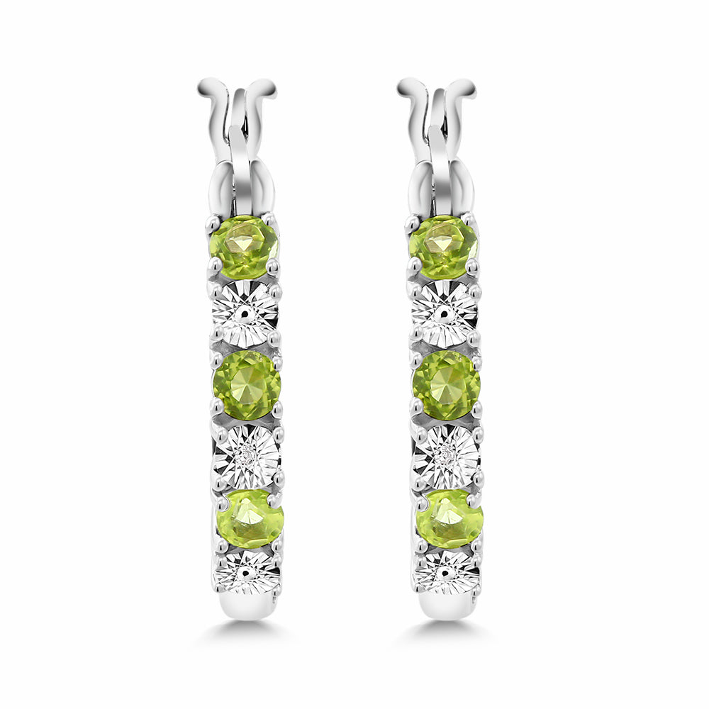 925 Sterling Silver Green Peridot and White Diamond Accent Hoop Earrings For Women (0.83 Cttw, Gemstone Birthstone, 22MM = 0.85 Inches Diameter)